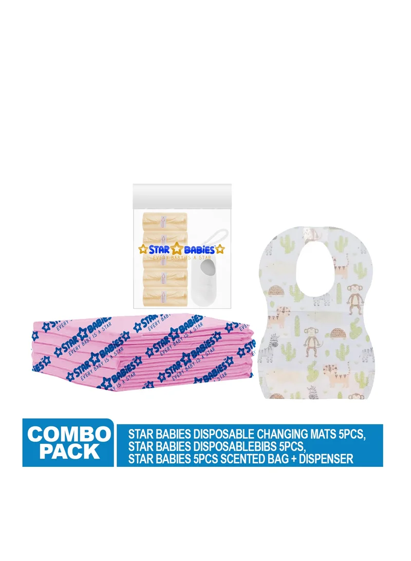 ستار بيبيز Star Babies Disposable Combo pack (Changing Mat 5pcs, Bibs 5pcs, Scented Bag w/dispenser)-Pink/ivory